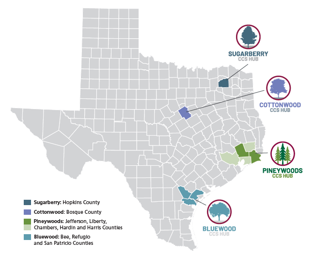 Map of Texas displaying all locations of each individual CCS hub